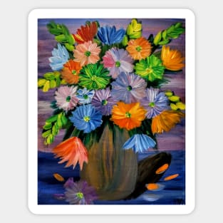 a beautiful bouquet of mixed flowers in a silver and turquoise and gold blend vase Sticker